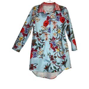 XL Floral Button-Up Long Shirt Dress Striped Collar Blue Red Luxury Casual Sexy
